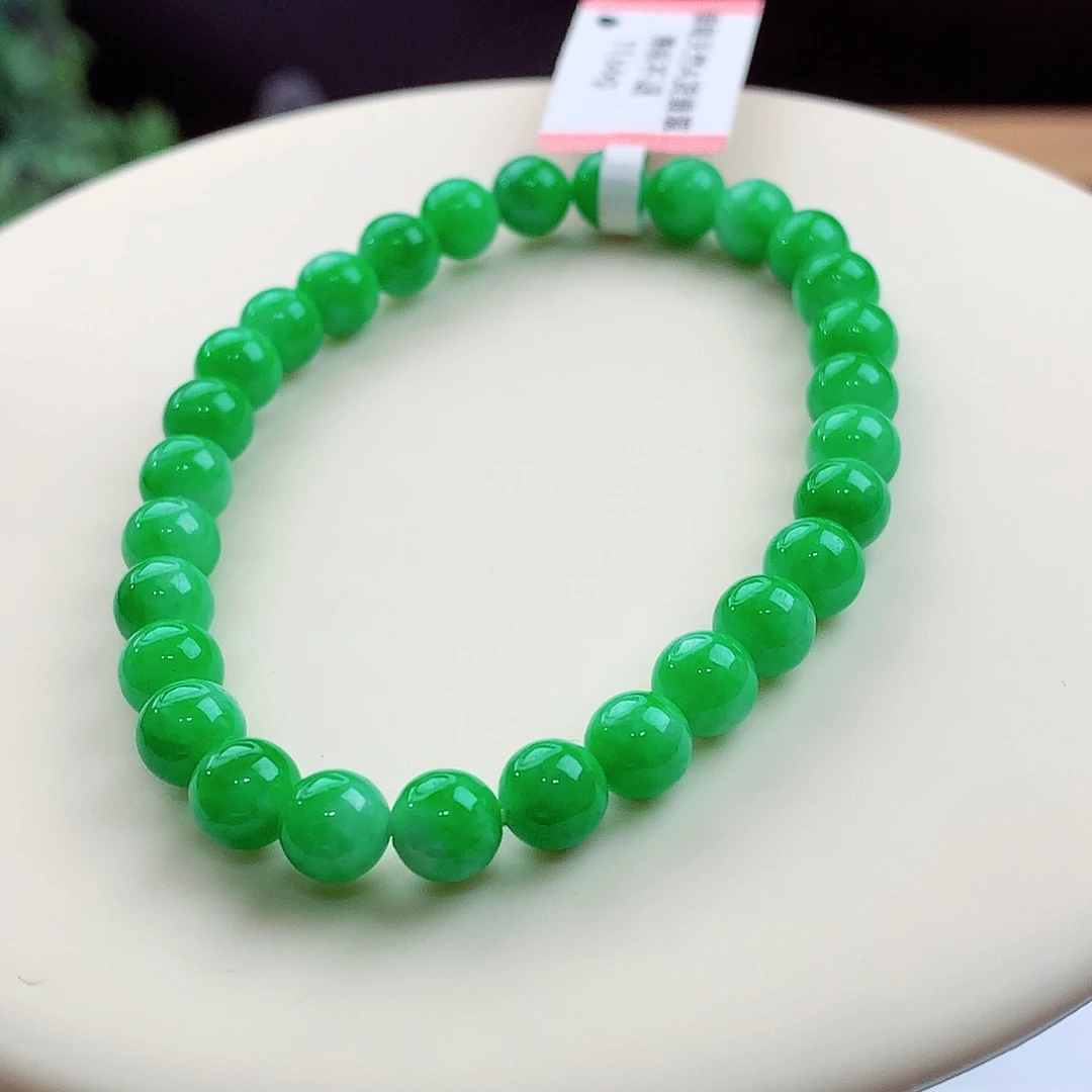 未镶嵌手链翡翠高细糯化胶润润 白底青飘阳绿 卡6mm