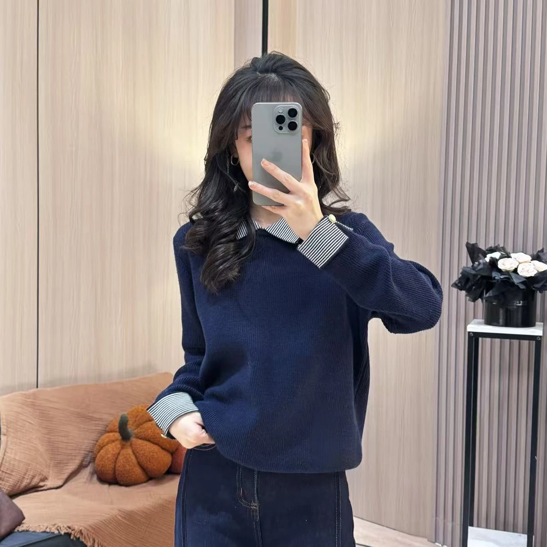 条纹拼接翻领2025秋冬新款长袖针织衫女内搭打底毛衣气质减龄上衣