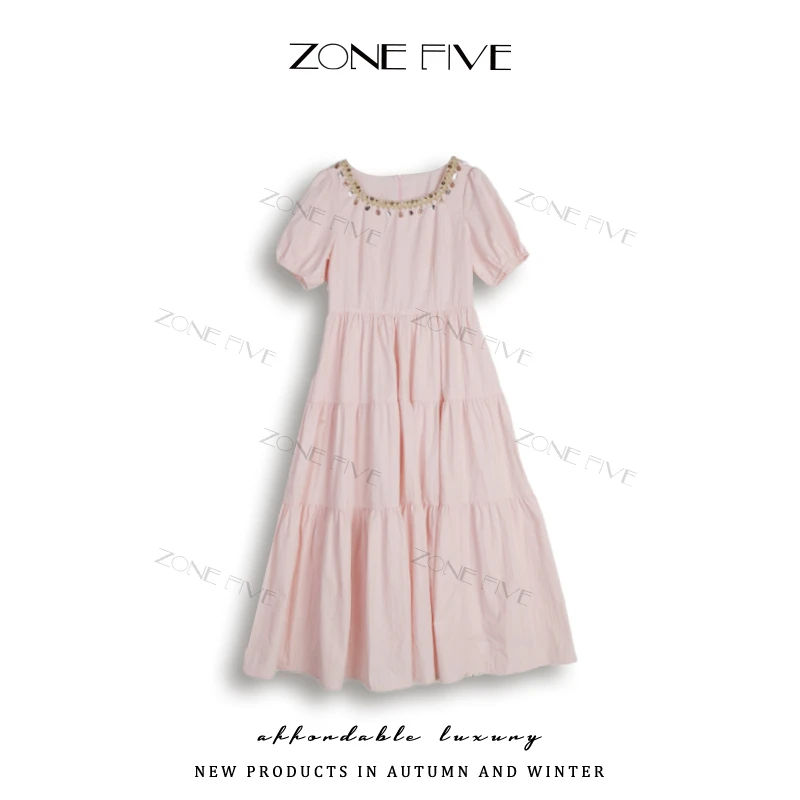 【zonefive】夏季法式欧若风蛋糕裙波嬉风U领百搭收腰连衣裙50463