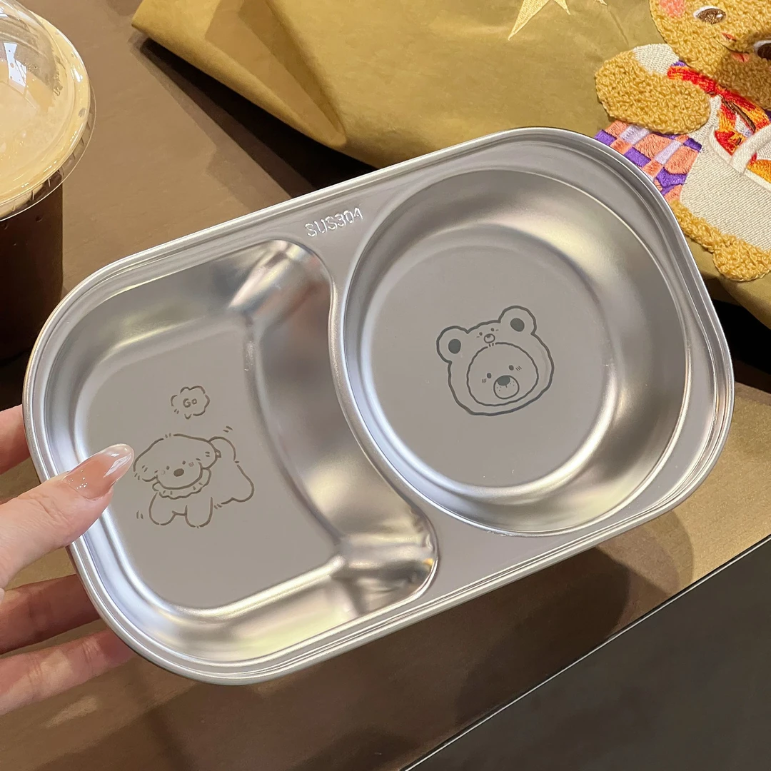 304不锈钢分格餐盘圆形两格分餐盘家用儿童吃饭辅食水果小吃盘