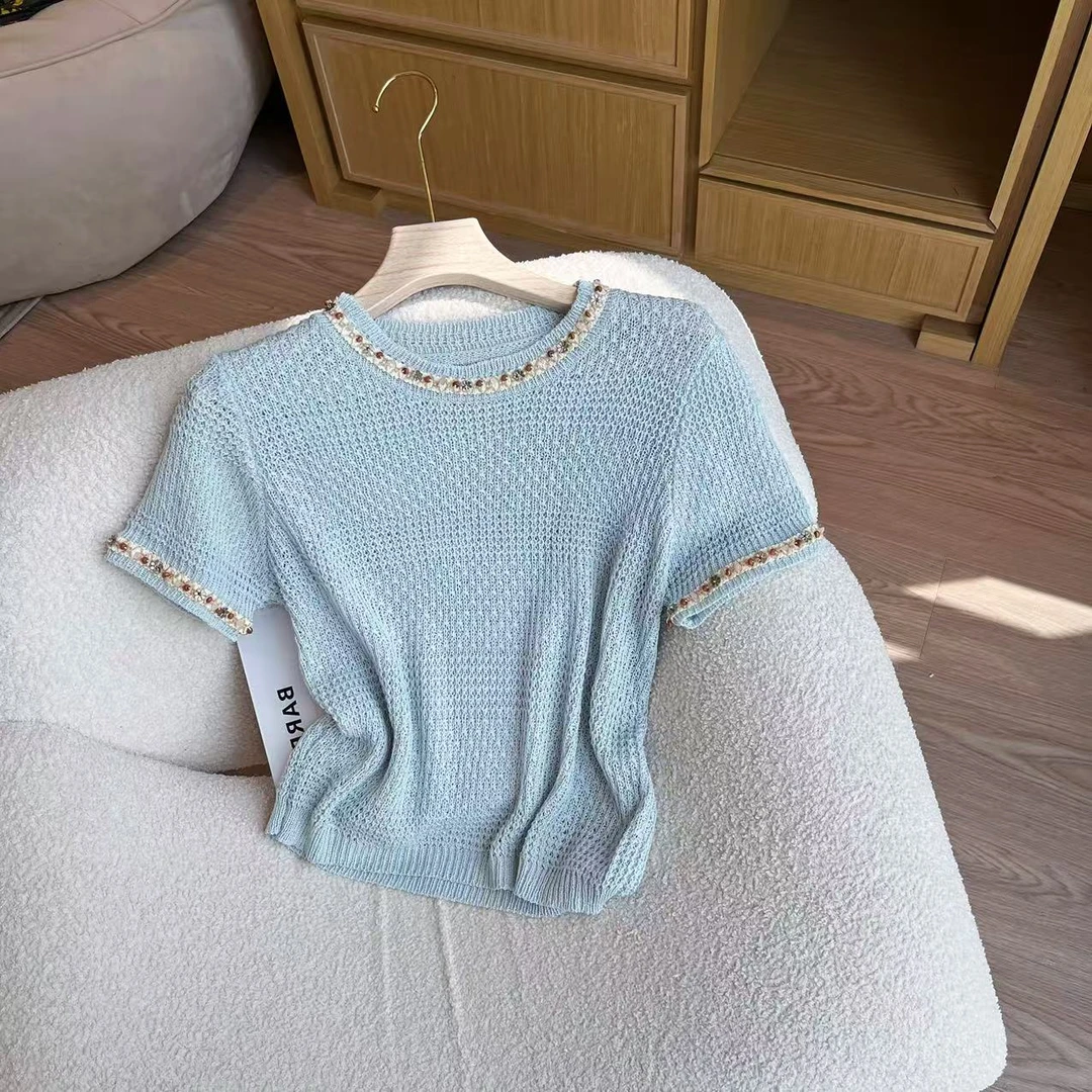 【豆子推荐】88112 夏季小众纯色镂空彩色钉珠短袖针织上衣时尚