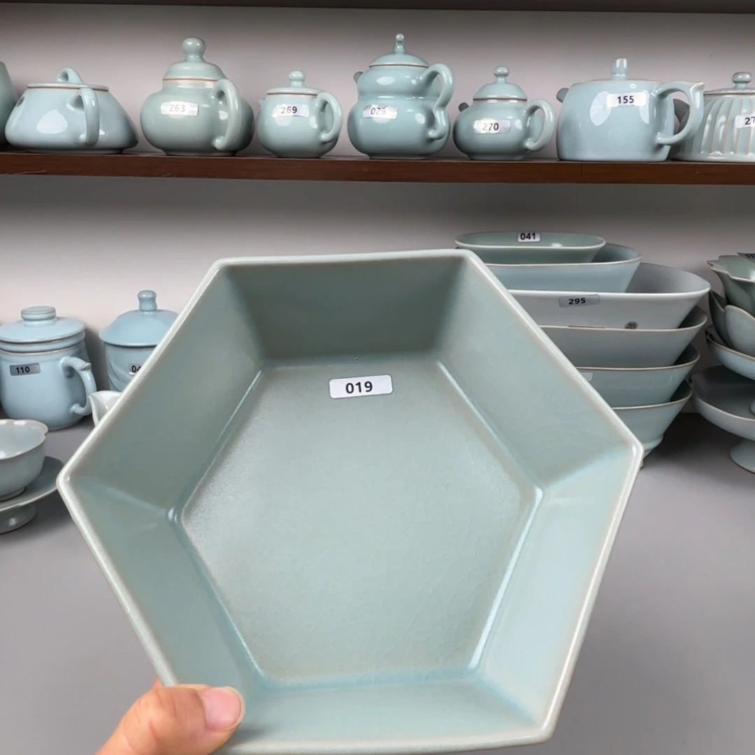 陶摆件汝瓷六方洗圈足烧仿古釉大瑕不退不换019