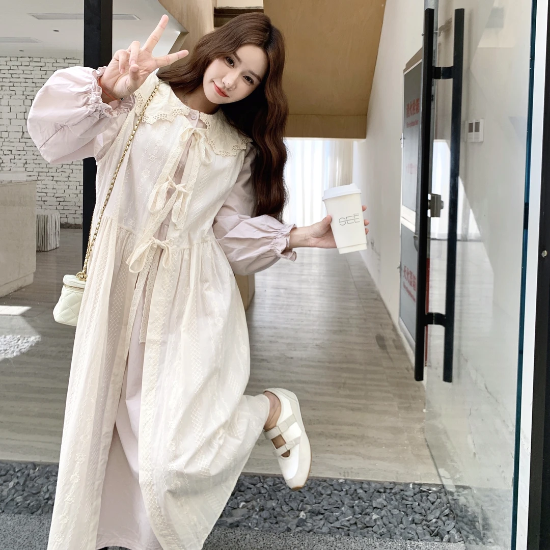 2025早秋甜美减龄穿搭两件套女刺绣罩衫叠穿娃娃领长袖连衣裙套装