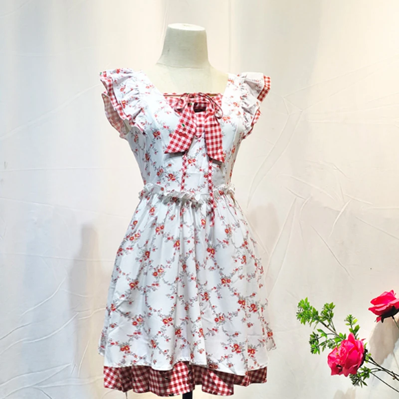 学院风碎花荷叶袖连衣裙女夏时尚减龄收腰短裙拼接蝴蝶结a摆裙子