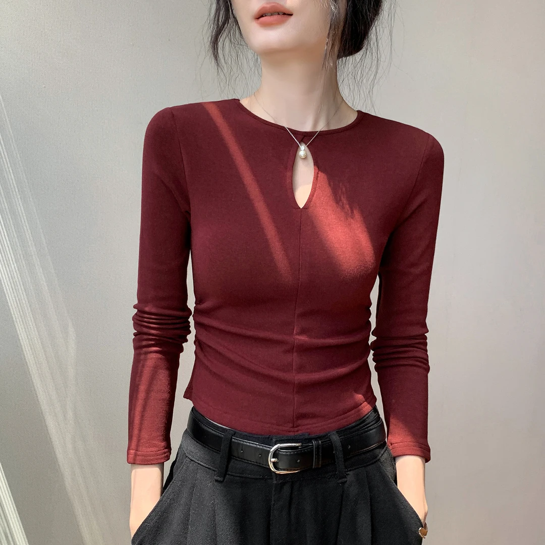 镂空设计感圆领长袖T恤女2025秋季修身内磨毛内搭打底衫外穿上衣