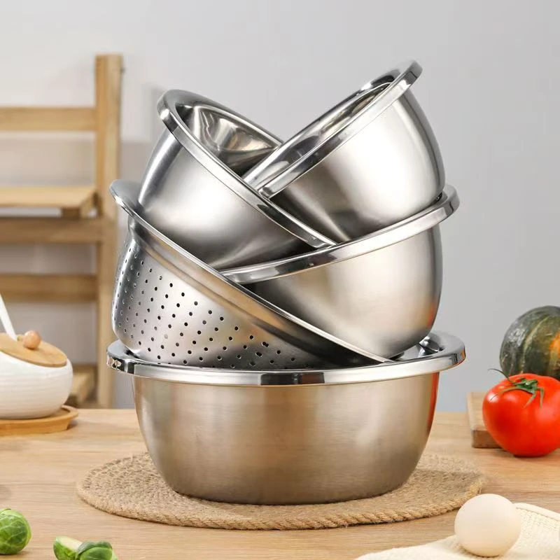 【5件套】加厚不锈钢汤盆洗菜漏盆淘米盆厨房家用多功能打蛋面盆