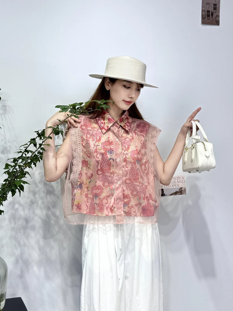 215#欧货2025夏季新款新中式国风印花拼欧纱衬衫
