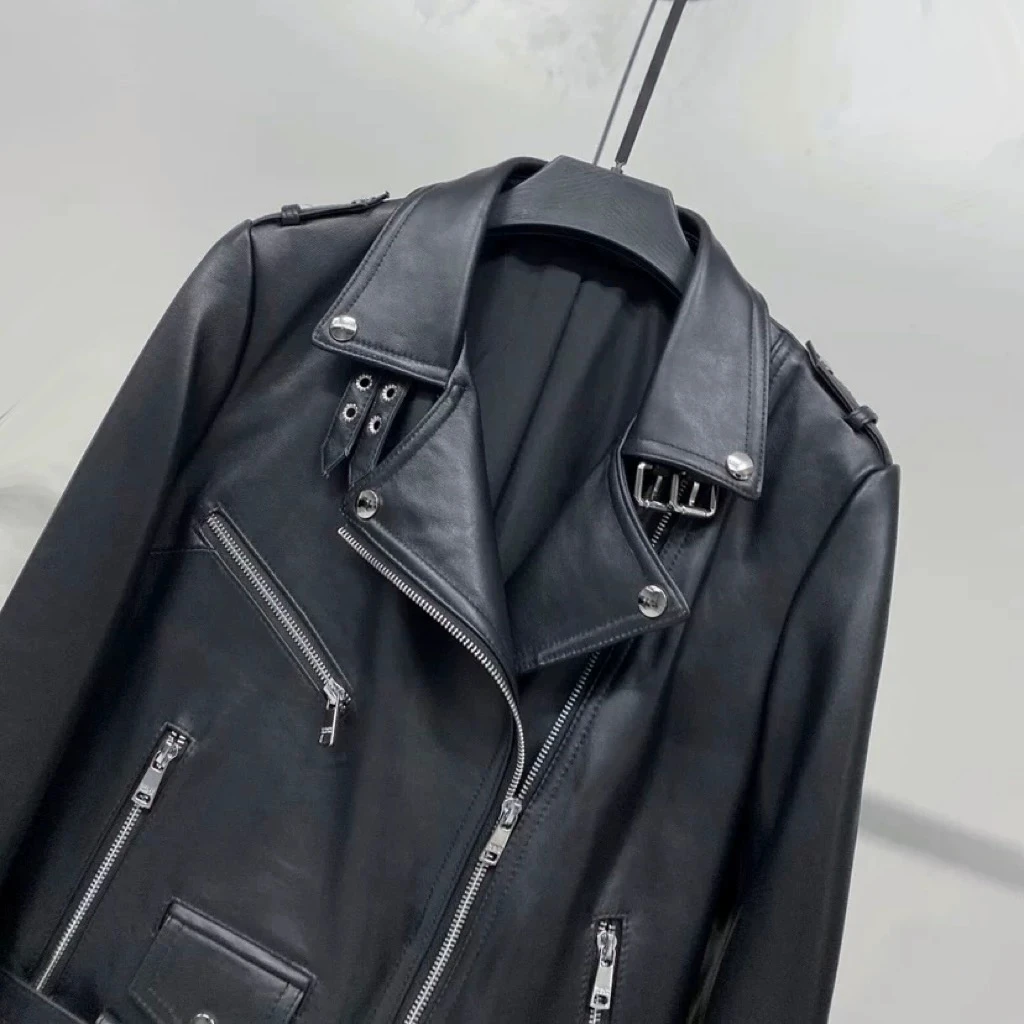 海宁真皮皮衣女短款韩版绵羊皮修身机车服黑色皮夹克外套女欧货