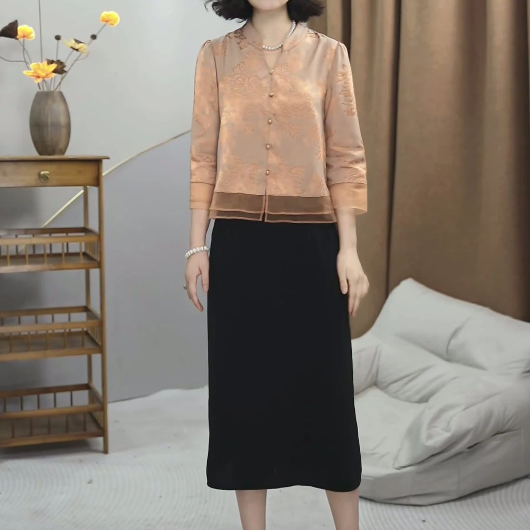 华尔缎2025春夏新款时尚百搭妈妈装气质复古提花假两件中式连衣裙