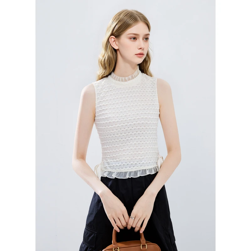 SSCOCOON夏季新款肌理感荷叶花边拼接轻薄无袖背心式针织衫