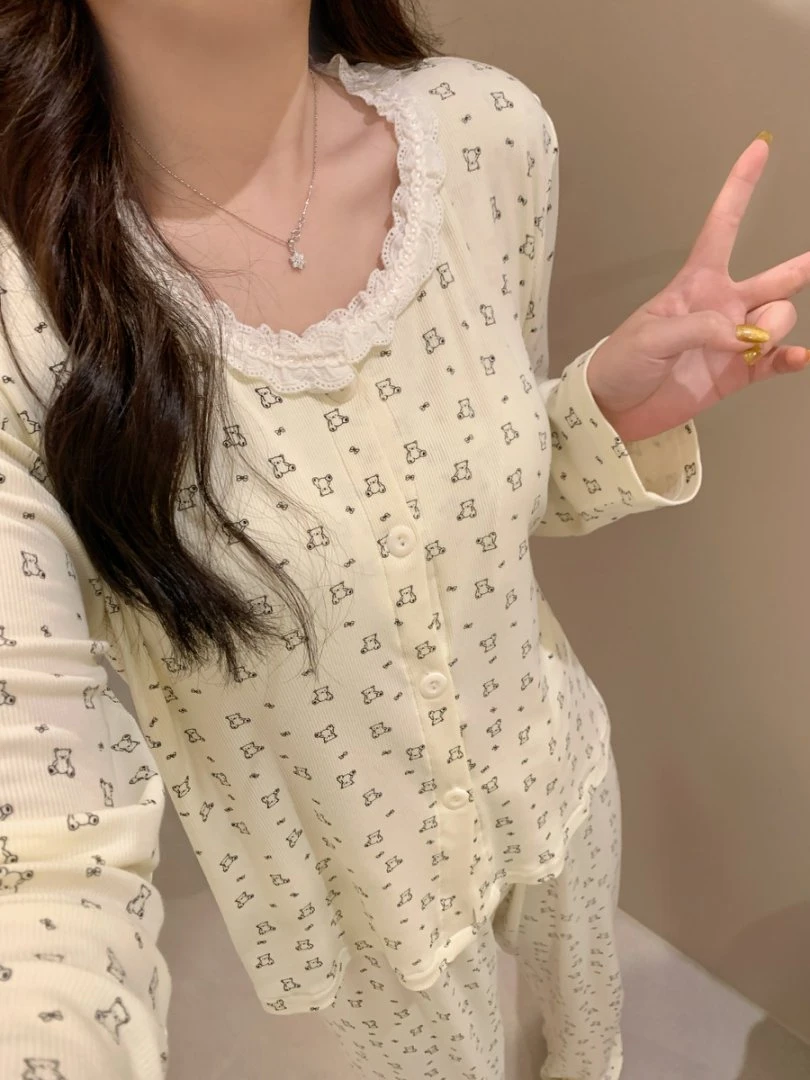 春秋季莫代尔带胸垫睡衣女宽松长袖甜美蕾丝边家居服睡衣秋款女
