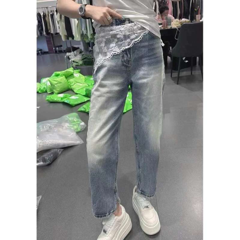 蕾丝设计开叉牛仔裤显瘦休闲直筒裤百搭八分裤
