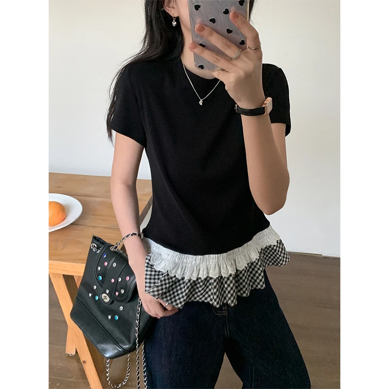 官图芭蕾小众蓬蓬花边拼接韩风设计感女圆领修身