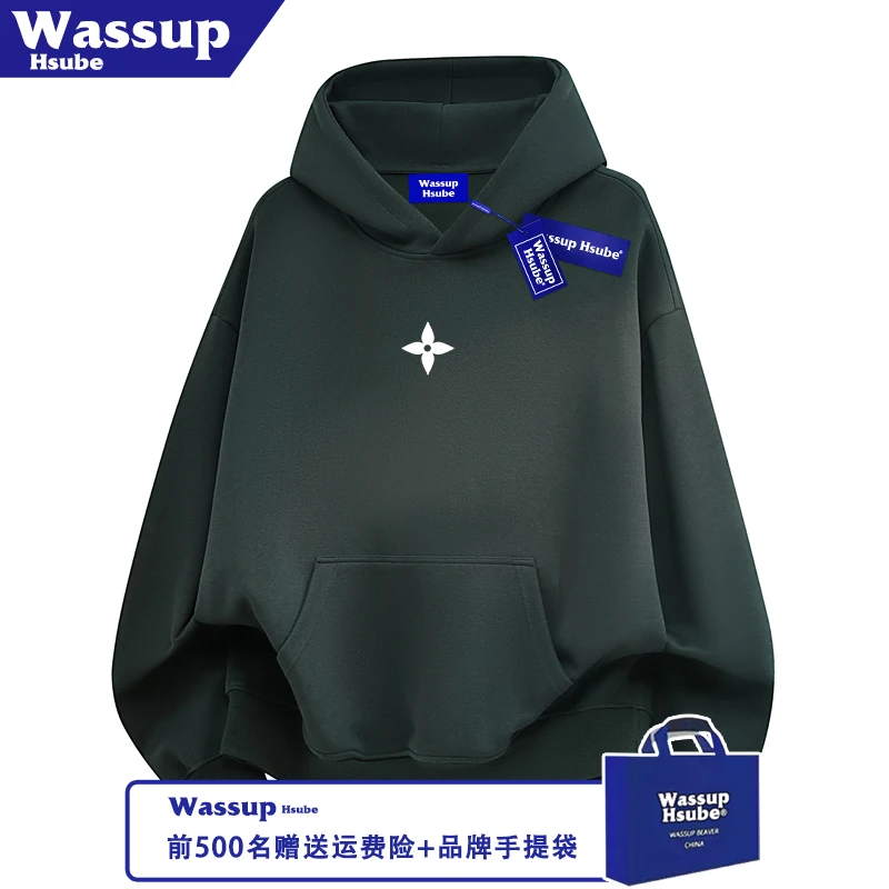 WASSUP HSUBE潮牌设计印花加绒重磅深灰卫衣秋冬连帽套头男女上衣