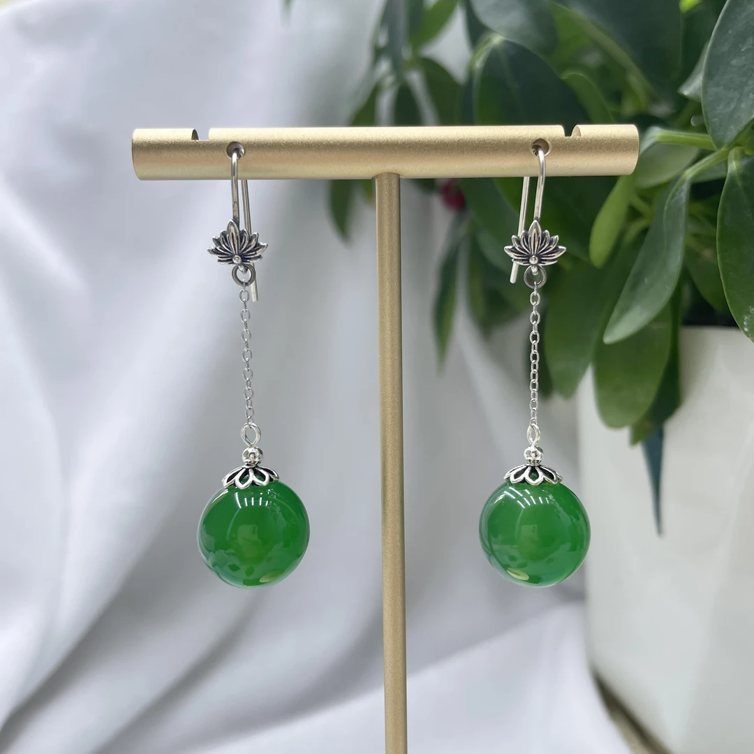 s925银天然绿玛瑙玉石耳坠女简约古风复古新中式耳饰玉髓旗袍160