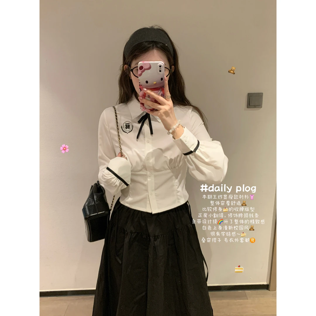 小沈美眉XSMM白色学院风刺绣衬衫春秋新款JK修身显瘦衬衣上衣女