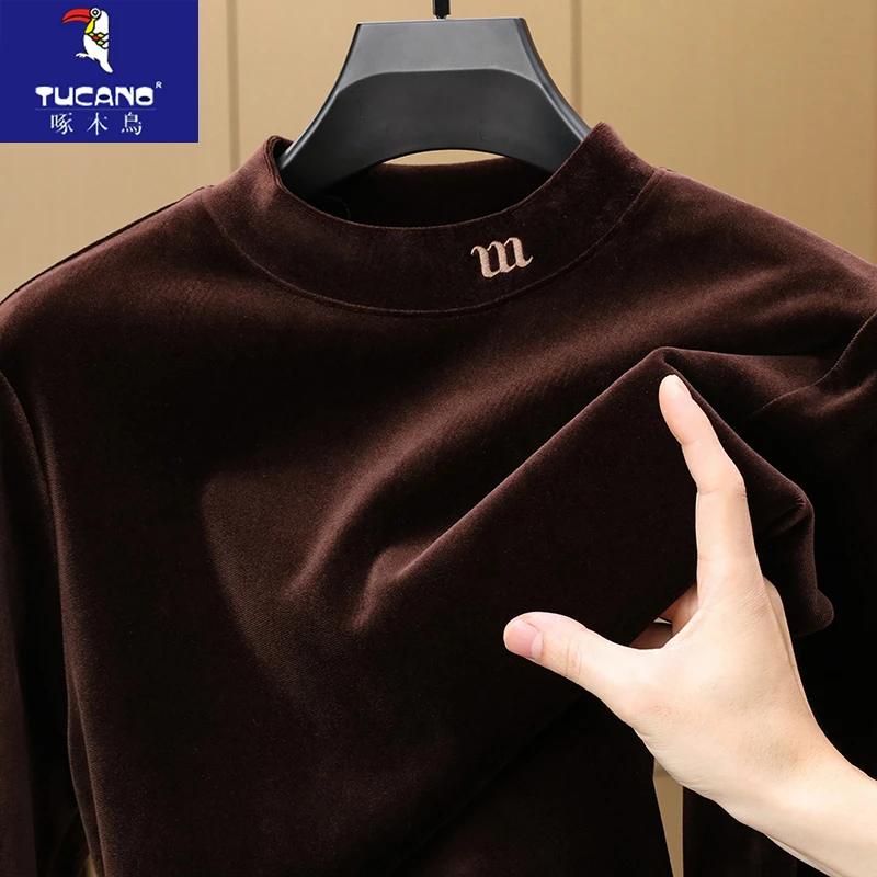 啄木鸟高端金丝绒半高领长袖卫衣男士秋冬新款高级感保暖打底T恤
