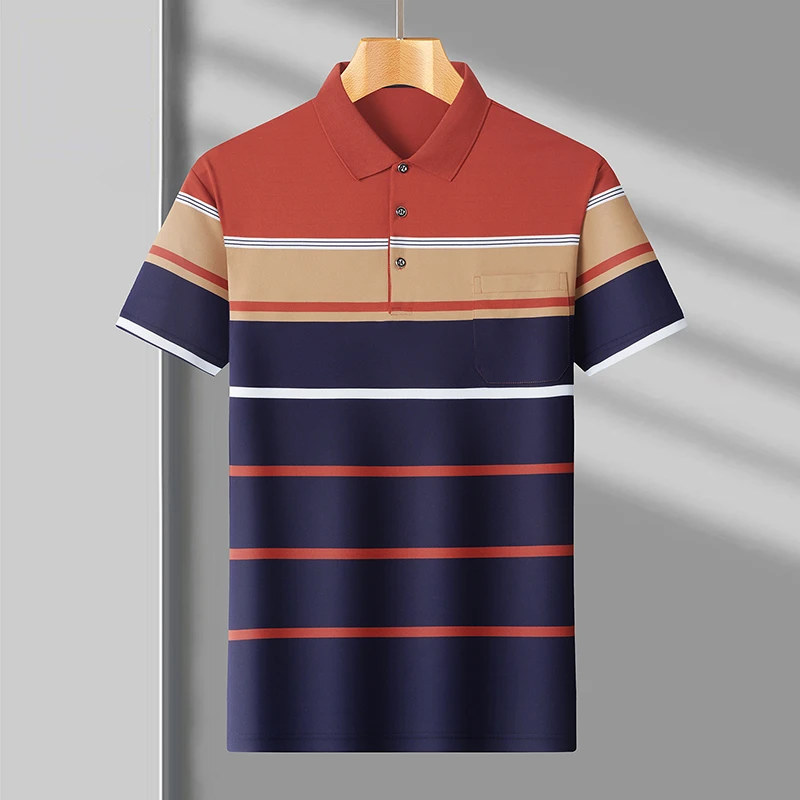 高档爸爸装夏季条纹t恤男款短袖休闲翻领口袋中老年爸爸装男装T恤