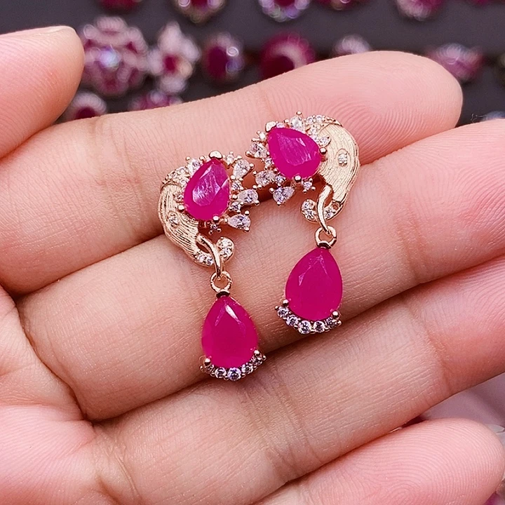 银S925镶嵌耳饰红宝石