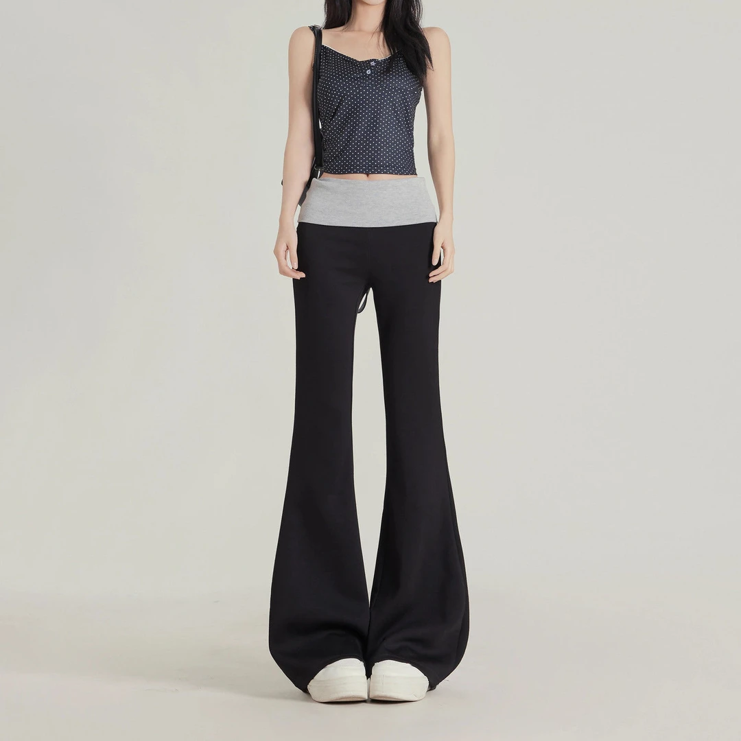 黑色美式休闲卫裤低腰高腰百搭垂感撞色拼接修身显瘦微喇裤喇叭裤