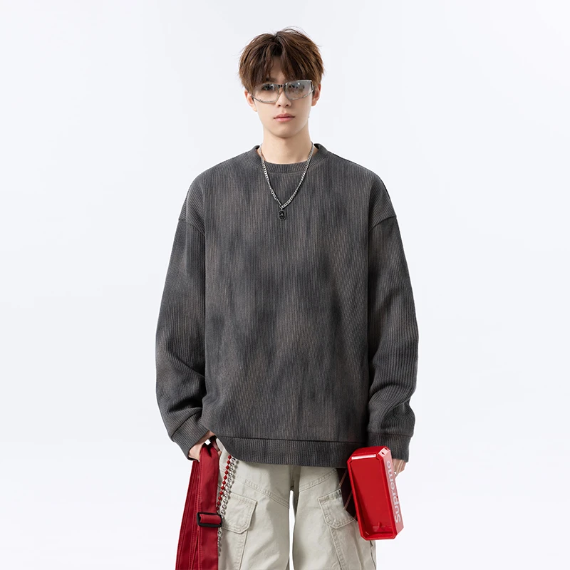 毛衣纹理圆领卫衣男秋季复古扎染针织打底衫上衣W4679