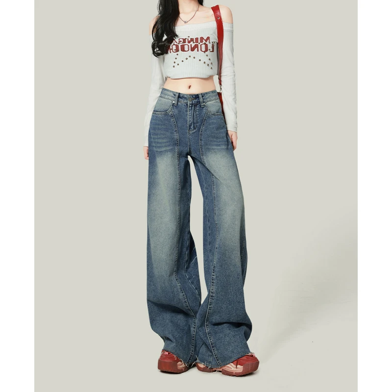美式复古高腰阔腿牛仔裤女2025年春季新款设计感宽松垂感拖地长裤