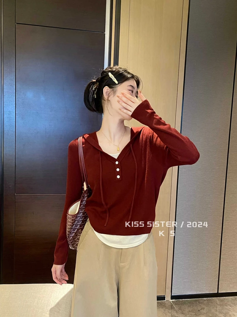 FY韩版简约百搭显瘦撞色假两件连帽针织衫