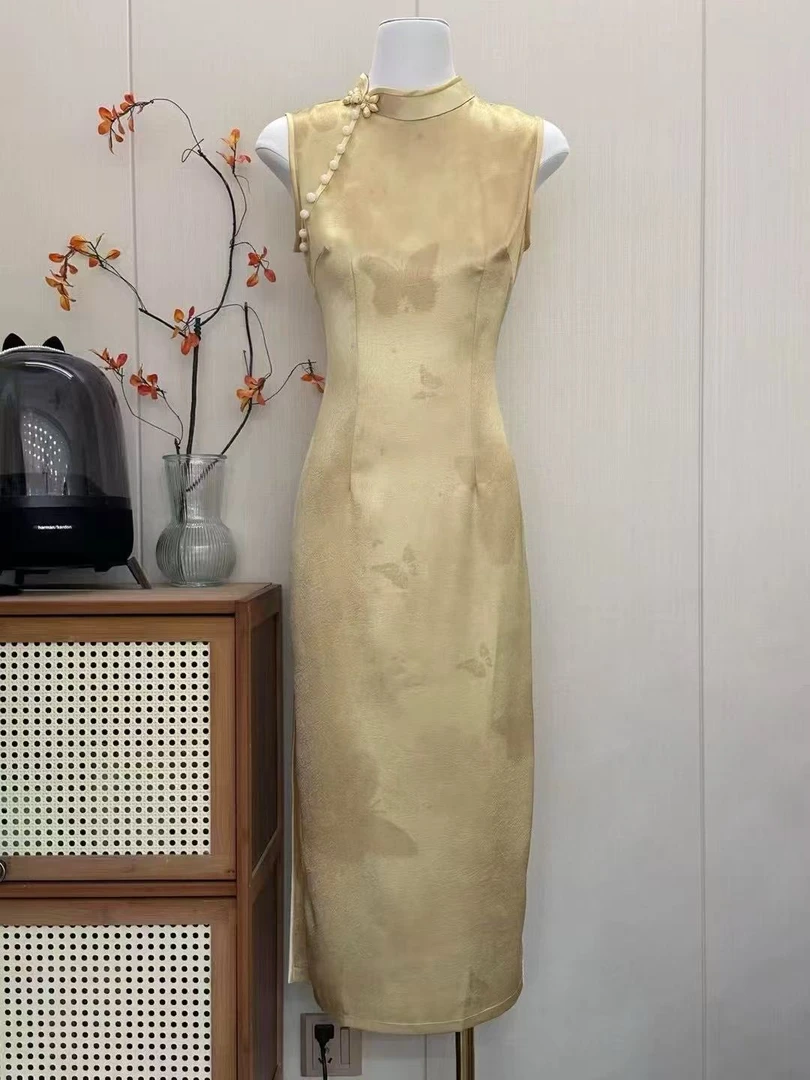 LY黄色手抓花旗袍2025新款女中式年轻款少女国风连衣裙无袖夏季