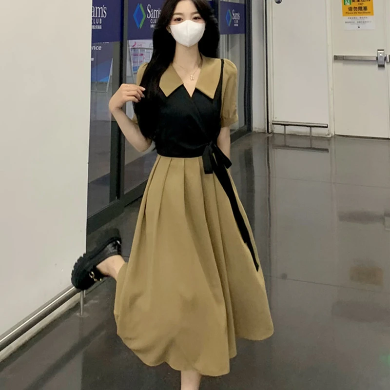 法式复古短袖假两件连衣裙女2024夏季新款气质显瘦赫本风茶歇长裙