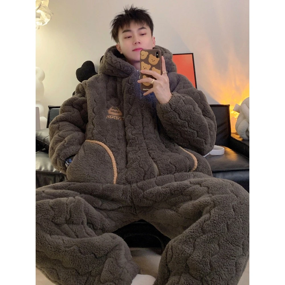 男款睡衣加绒加厚秋冬季保暖珊瑚绒青少年三层夹冬天连帽家居服
