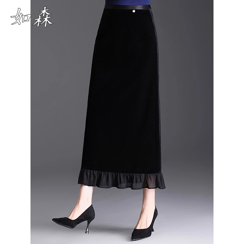 黑色高级感直筒半身裙荷叶边裙子女秋季新款气质长裙开叉包臀裙子