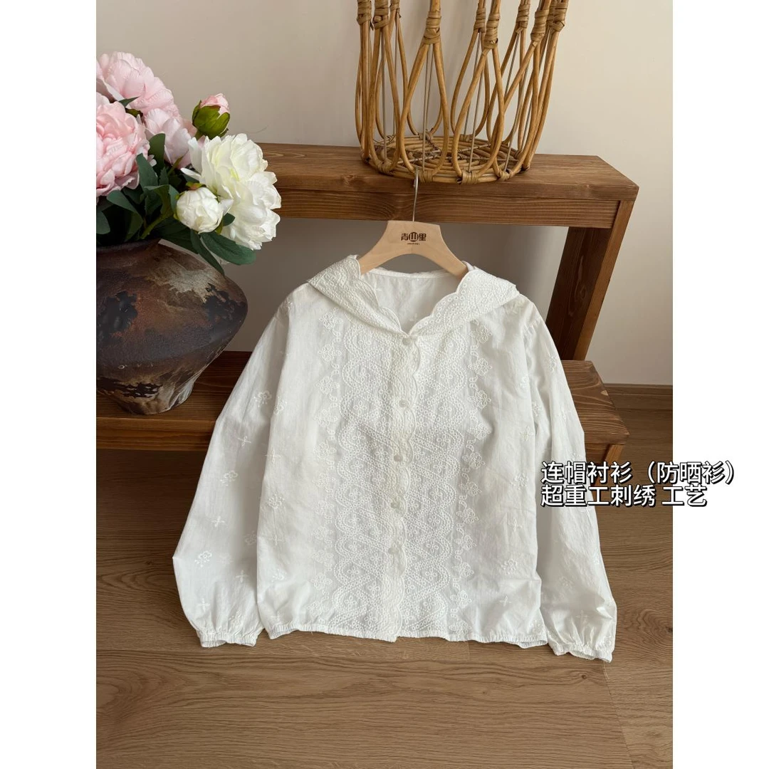 X0044-重工刺绣连帽长袖衬衣外套女绣花棉衬衫开衫外搭上衣