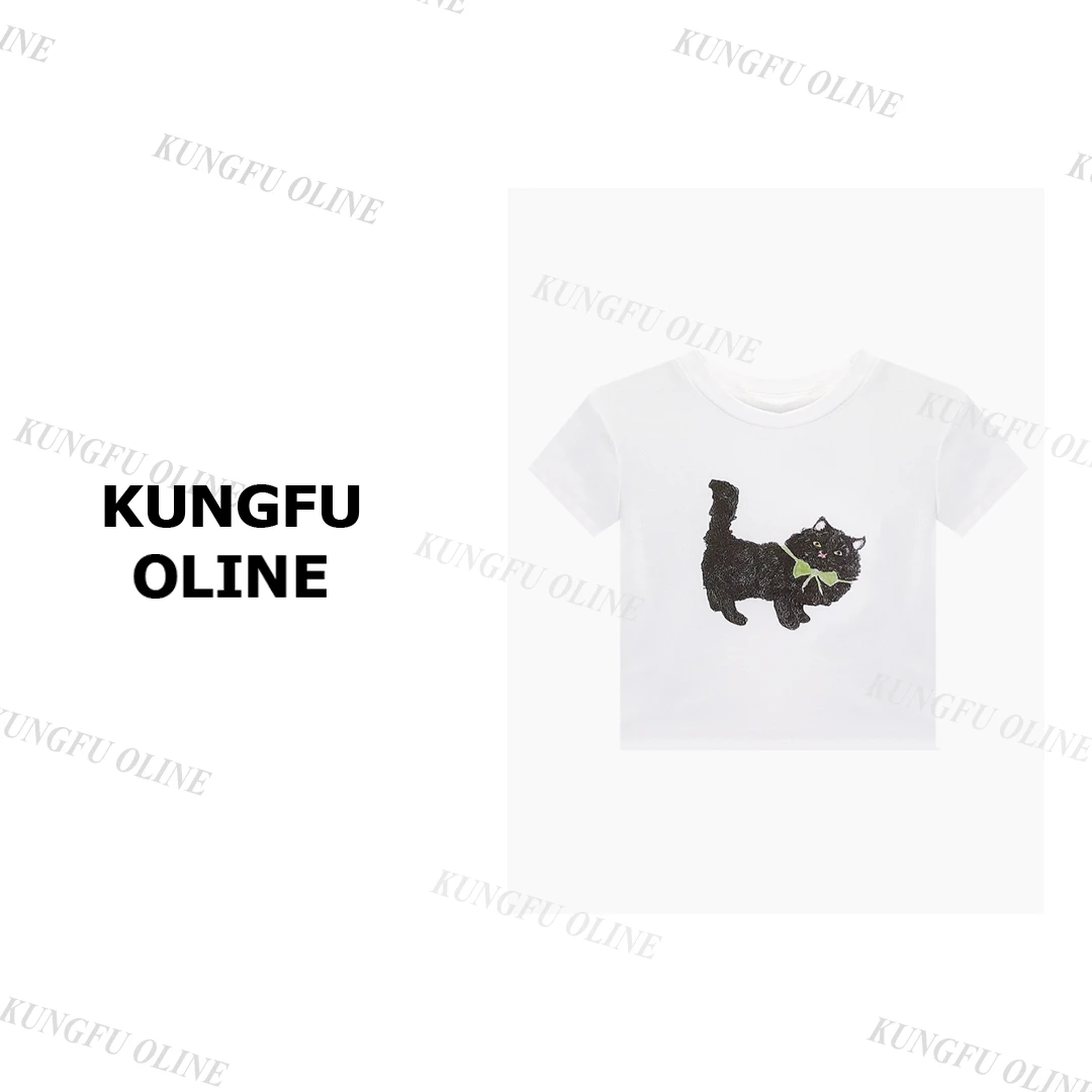 【绿领带小猫薄款】T0925天丝亚麻流行圆领短袖T恤休闲上衣