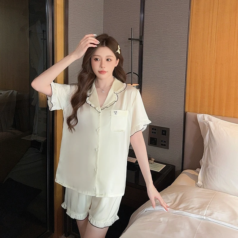 小翻领短袖短裤睡衣女款2025夏季高级感冰雪丝甜美休闲家居服套装