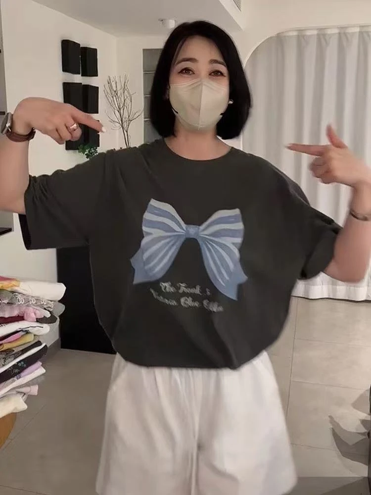 衣服女2025新款爆款夏季韩里韩气设计感上衣深灰色蝴蝶结印花T恤