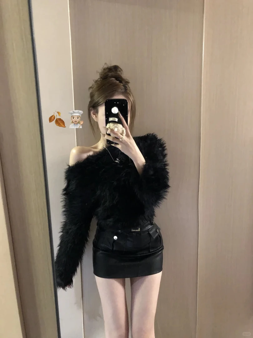 谍影特工 秋冬新款纯欲风高级感气质毛毛上衣配皮带扣包臀裙套装