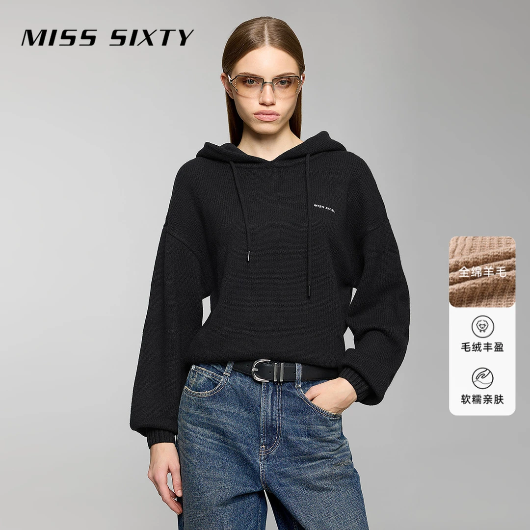 Miss Sixty冬季新款天使系列毛针织衫女连帽抽绳纯色简约刺绣