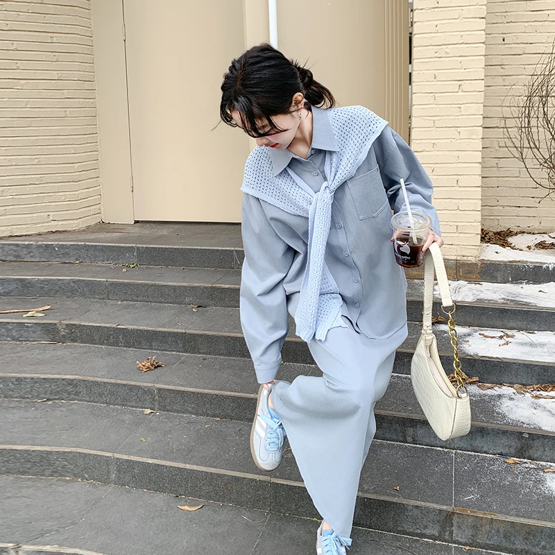 蓝色披肩衬衫套装裙女春季2025新款流行松驰感两件套爆款超火流行