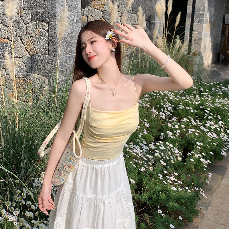 黄色褶皱吊带背心内搭女2025新款设计感外穿显瘦纯欲甜辣风上衣