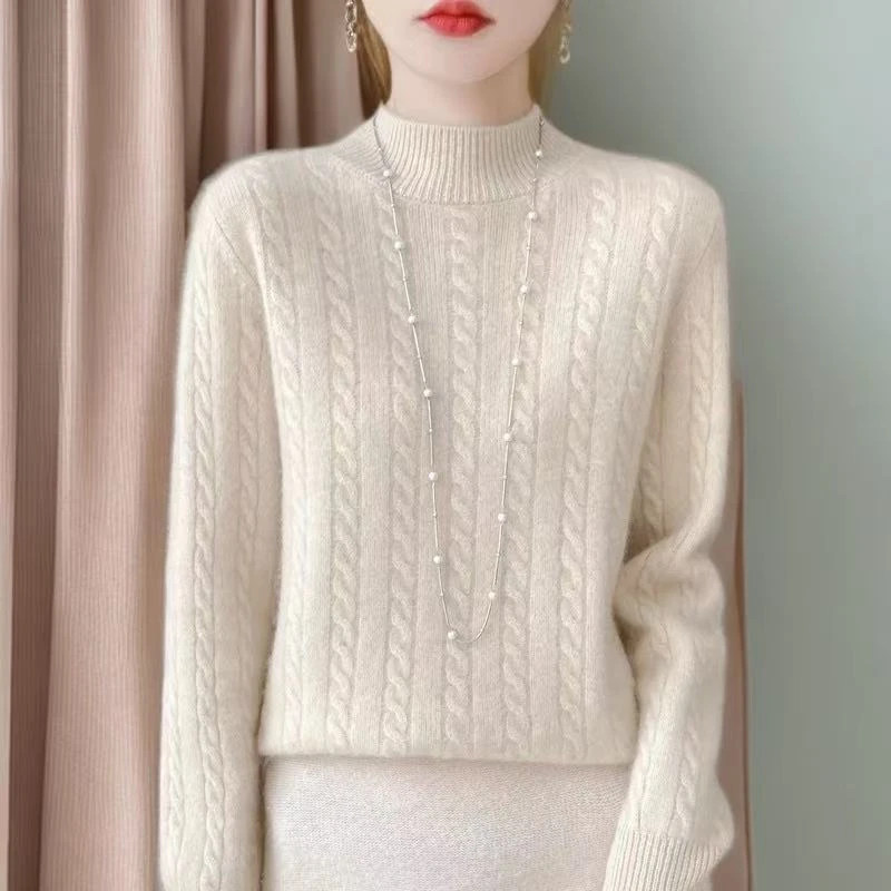 纯100羊绒衫女2025秋冬新款宽松半高领加厚麻花减龄内搭针织毛衣