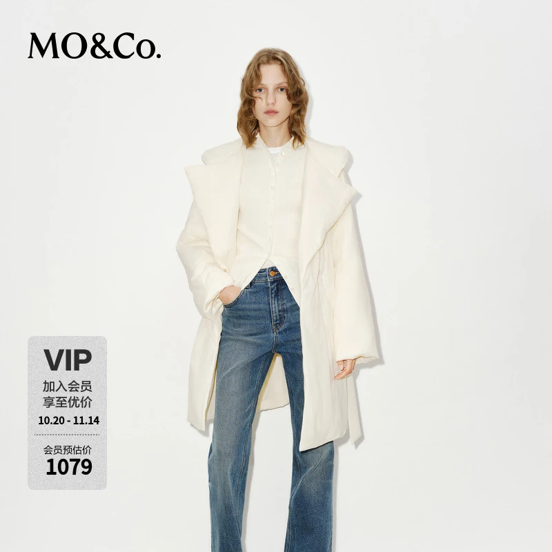 MOCO羽绒服冬鸭绒中长款大翻领连帽外套附腰带MBD4EINT18
