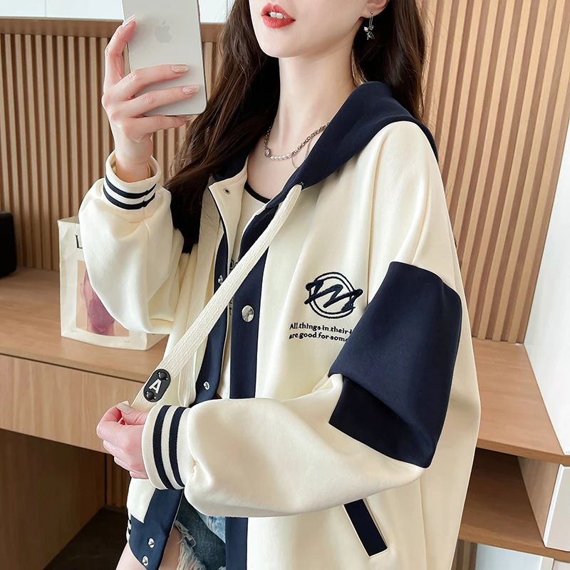 学院风撞色连帽棒球开衫卫衣女2025新款春秋薄款韩版宽松上衣外套