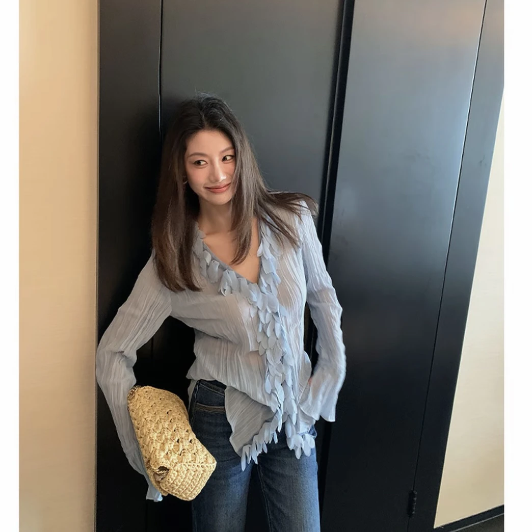 【ALONE SAVOR】龍喜儿墨蝶落纱 花边V领衬衫褶皱绑带开衫Z913