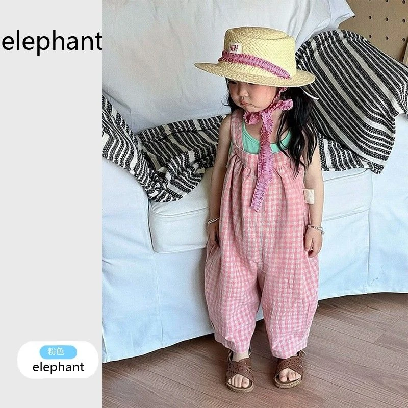 女童裤子夏季薄款2025新款童装儿童甜美粉色格子吊带背带裤连体裤