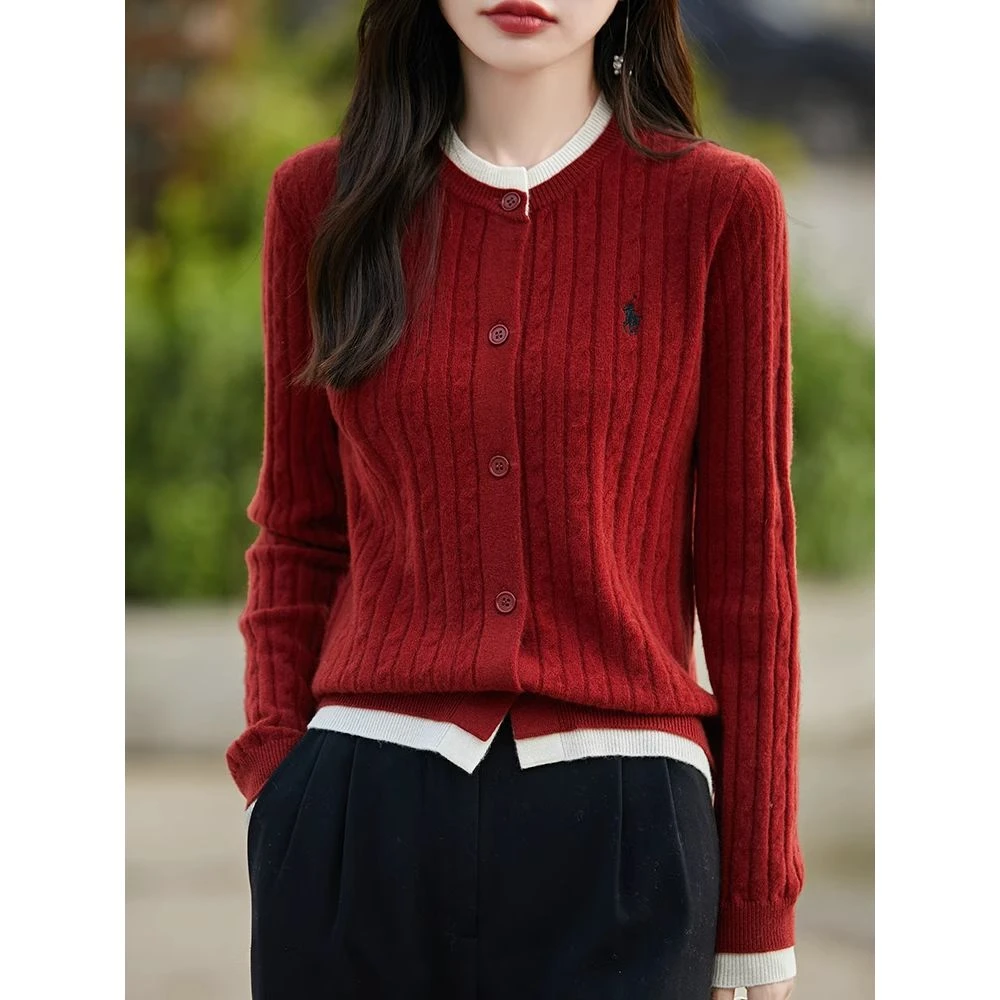 撞色拼接假两件纯羊毛针织女开衫圆领长袖刺绣嵌花小香风外套