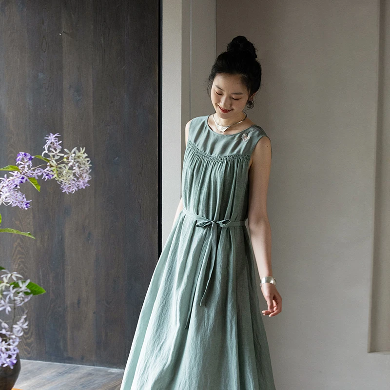 牧衣游原创 丝棉桑蚕丝拼接连衣裙轻薄宽松圆领文艺无袖长裙 陵游