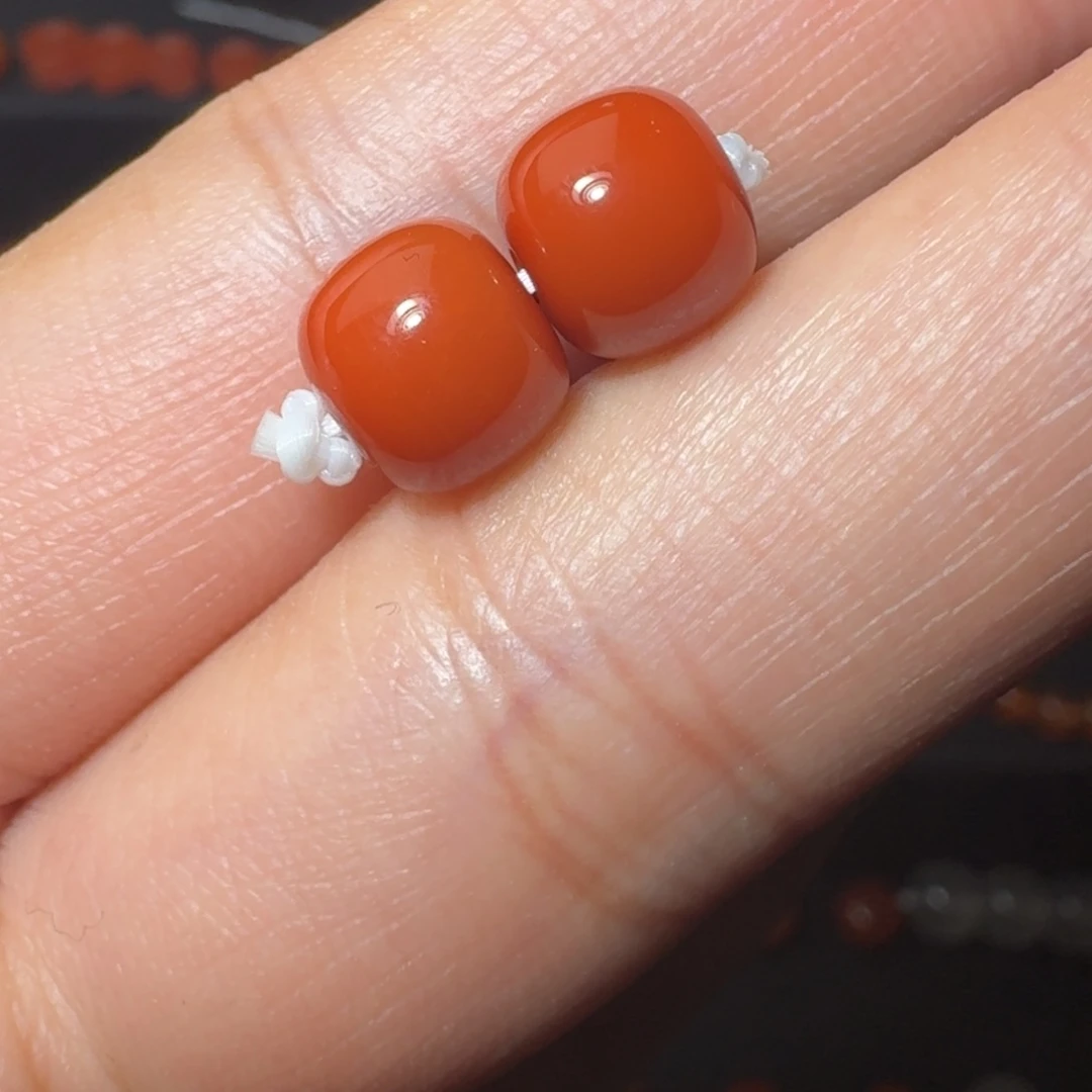 南红玛瑙未镶嵌瓦西满肉柿子红锦对珠8.3×7.3