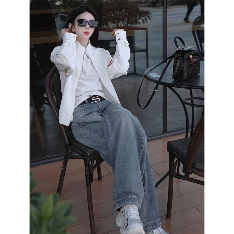 梨形显瘦2025秋装新款时尚长拉链撞色设计棒球服外套牛仔裤两件套