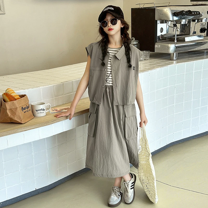 女童夏装韩系连衣裙套装2025新款儿童夏季短袖开衫背心裙两件套潮