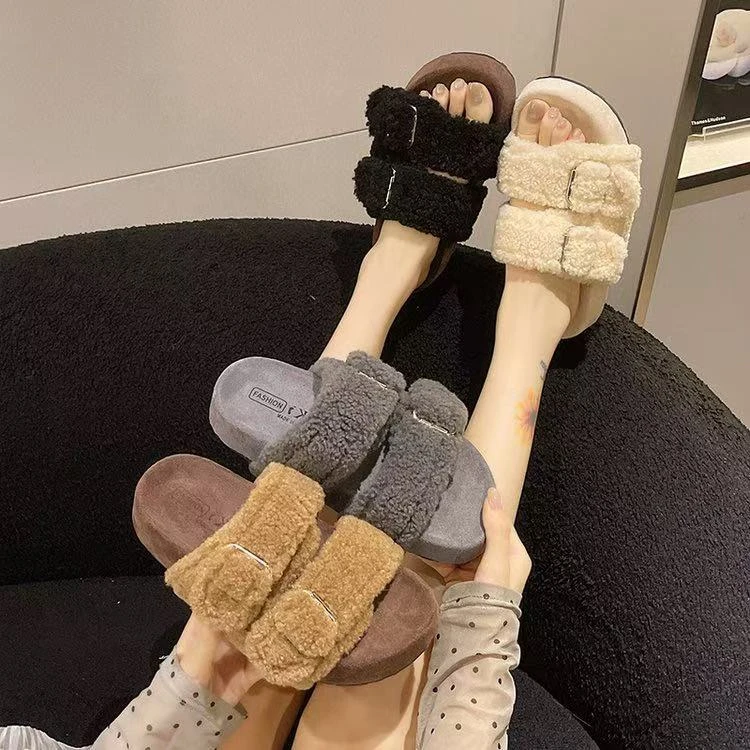 韩版网红双排扣个性外穿厚底软底毛毛拖鞋女